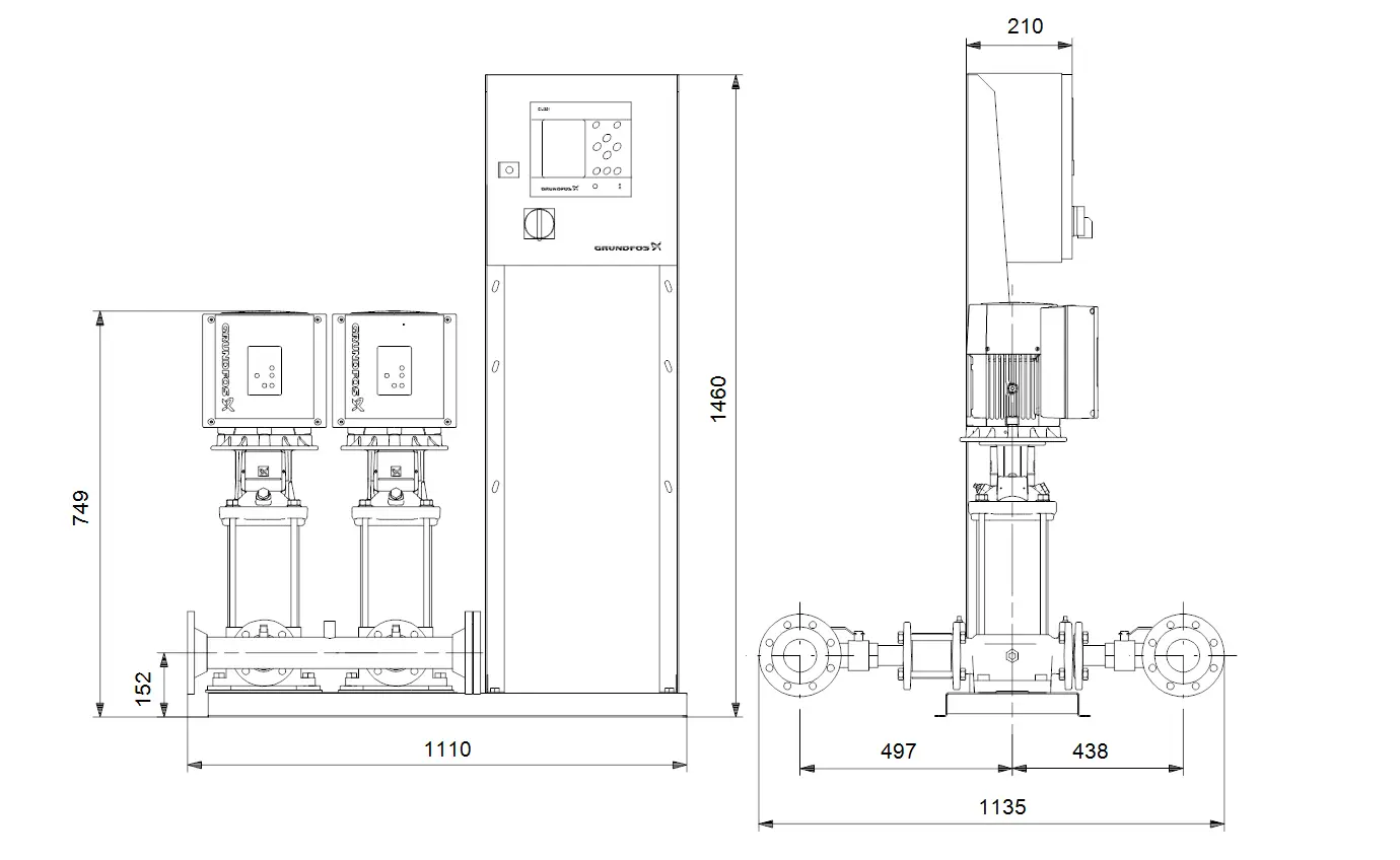 Druckerhöhungsanlage von Grundfos mit zwei Pumpen, vertikal angeordnet, montiert auf einem Grundrahmen. Sichtbare Steuerungseinheit und Rohrleitungsanschlüsse.